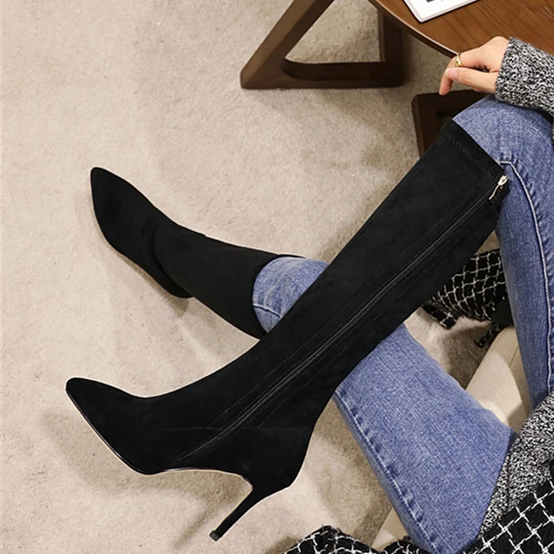 Slim Stretch Womens High Boots Zipper Flock Knee High Boot Women Shoes Beige Black Pointed Toe Party Long Shoes Lady Big Size 260724