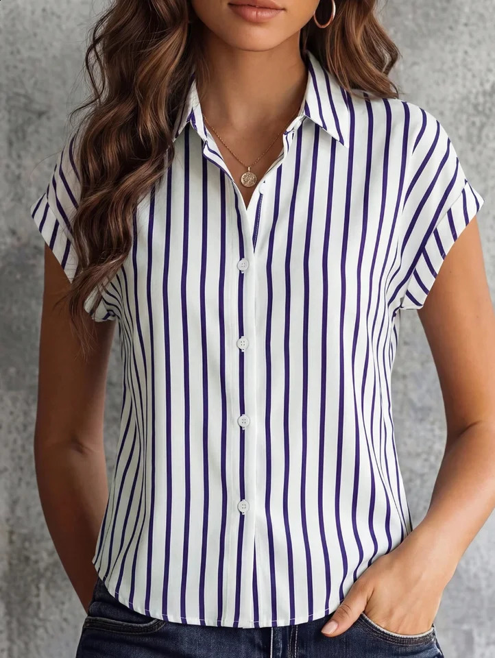 Elegant Orientation Summer Fashion Womens Striped SingleBreasted Collar DropShoulder ShortSleeve Shirt 260713BANJIA