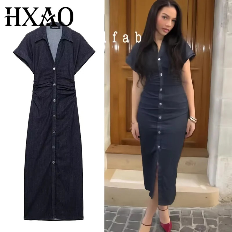 HXAO Blue Denim Dresses Woman Short Sleeve Shirt Long Dres Summer Ruched Bodycon Casual Elegant Midi 088 260720banjia