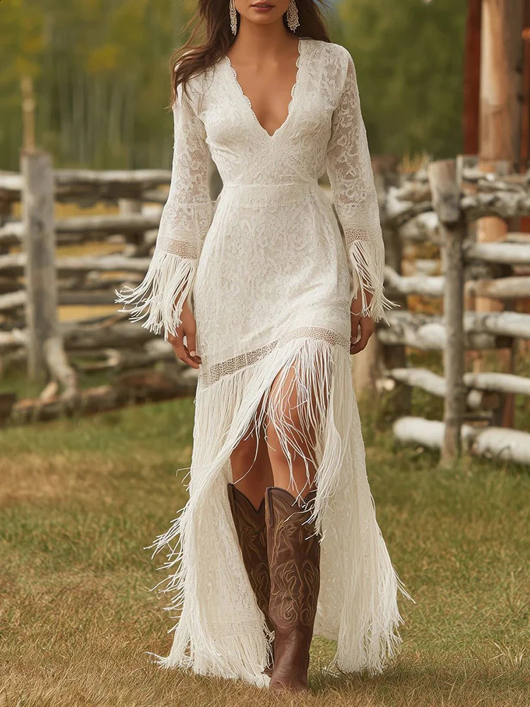 Elegant Vintage Womens Boho Tassel White Lace V Neck Fringe Sleeve Autumn Fashion Party Dress Wedding Guest Maxi Dresses 260723