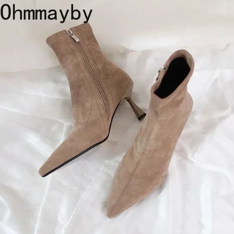 Pointed Toe Fleeces Women Sock Boots Fashion Side Zippers Shoes Autumn Winter High Heel Womens Morder Short Booties 260724