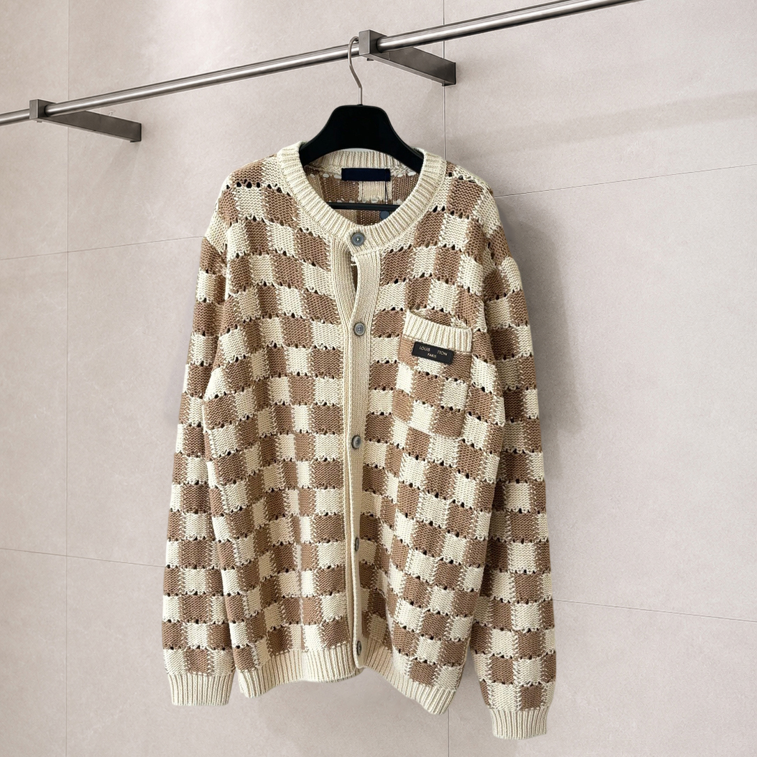 high quality designer sweater, fashionable checkerboard hollow knitted button coat, casual vacation knitwear, autumn winter keep warm golf sweater