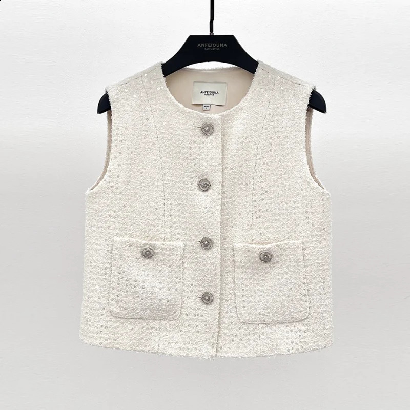 White Classic Sequined Fragrance Tweed Round Neck Sleeveless Cardigan Womens Vest Fashion Basic Shiny Simple Lady Coat Vest 260723