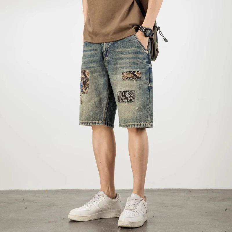 2026 Men American High Street Patchwork Embroidered Denim Shorts Male Summer Vintage Straight Jeans Daily Casual Versatile Pants 260721banjia