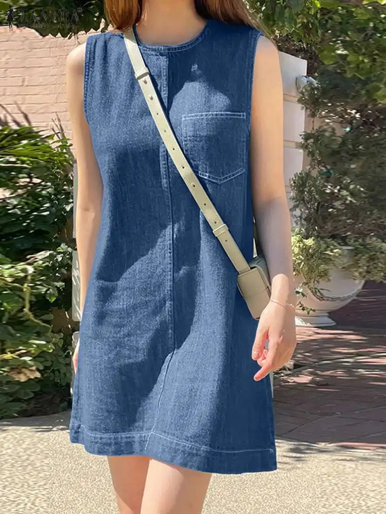 ZANZEA 2024 Summer Denim Blue Dres Sleeveless ONeck Sundress Casual Solid Color Midi Robe Elegant OL Work Vestidos 260720banjia