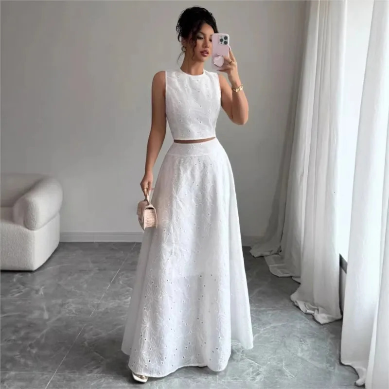 Two Piece Set Spring Summer Womens Clothing 2026 White Lace Short Sleeveless Top High Waist Aline Elegant Long Skirt Women 260720banjia