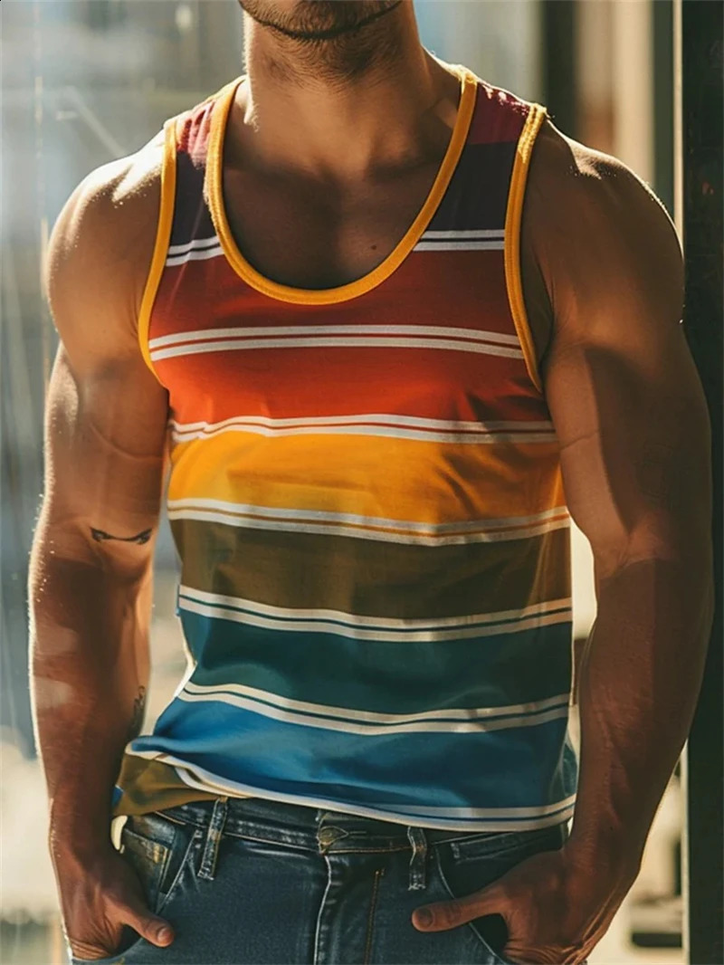 Retro Striped Graphic Tank Tops For Men Summer Casual Daily Wear Simple Fashion 3D Printed Vest Loose Breathable Crew Neck Tops 260723BJ