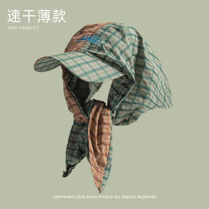 Korean Plaid Spring and Summer Triangle Headscarf Hat for Men Women Embroidered Letters Quickdrying Sunshade Baseball Cap 260724