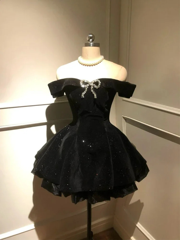Black French Vintage Elegant n Woman Dress Gothic Off Shoulder Retro Mini Dress Female Fairy Birthday Party Chic Outfits 260722BJ