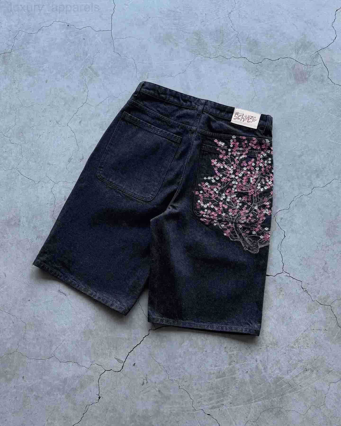 Fashion Cherry Blossom Pocket Embroidery Jeans Shorts Men Women Retro Baggy Black Denim Short Y2k Jorts Hip Hop Streetwear Pants 260126