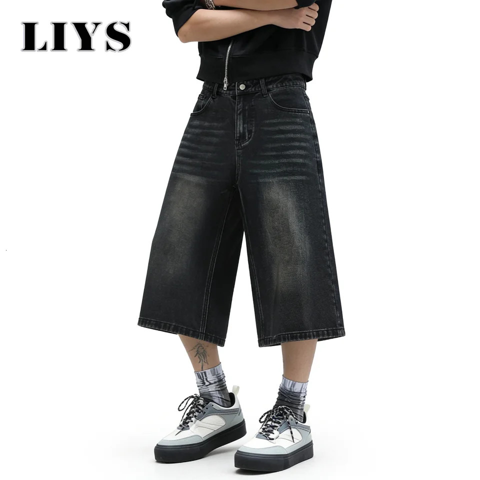 LIYS American Retro Classic Black Ultra Baggy Wide Leg Mens Denim Shorts Spring Summer Casual Oversized Jeans Clothes 260721banjia