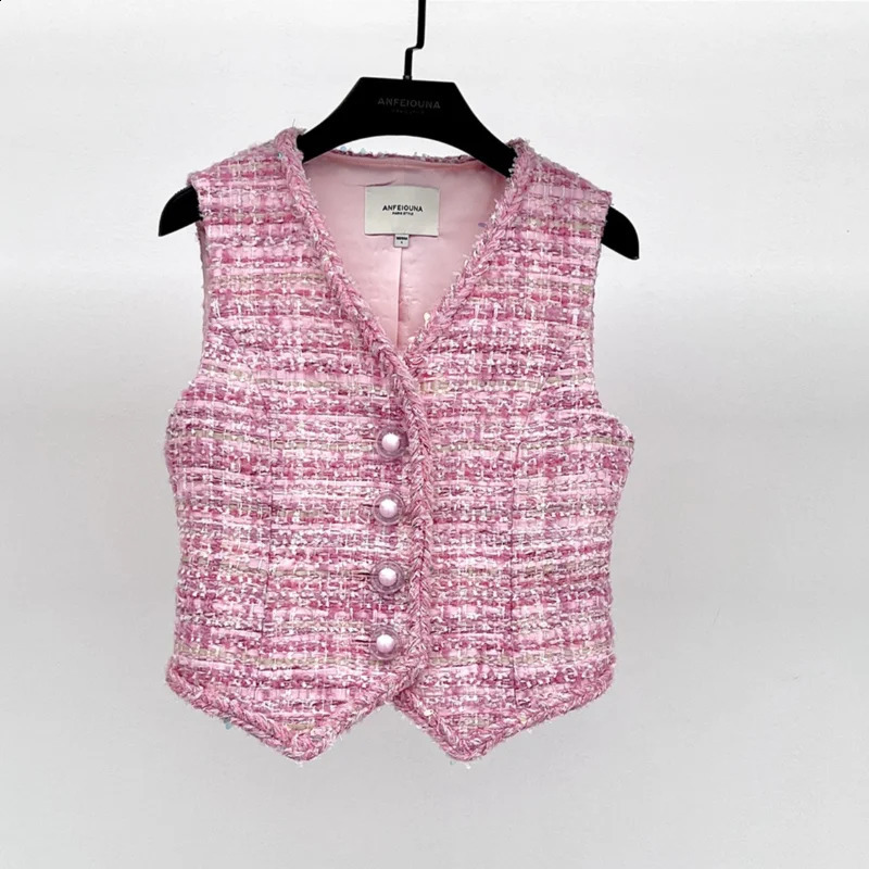 Pink V-neck Sleeveless Small Fragrance Short Female Vest Fashion Sweet Vintage Wine High Quality Tweed French Vest Top Women 260723