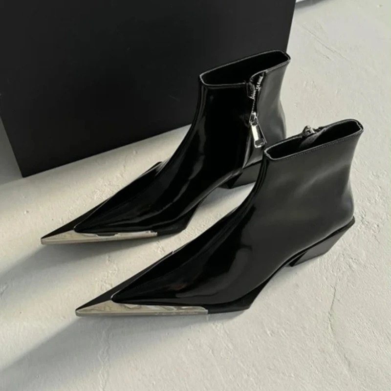 Side Zipper Fashion Womens Ankle Boots Metal Pointed Toe Ladies Shoes Crude Heel Western Cowboy Boots 260724