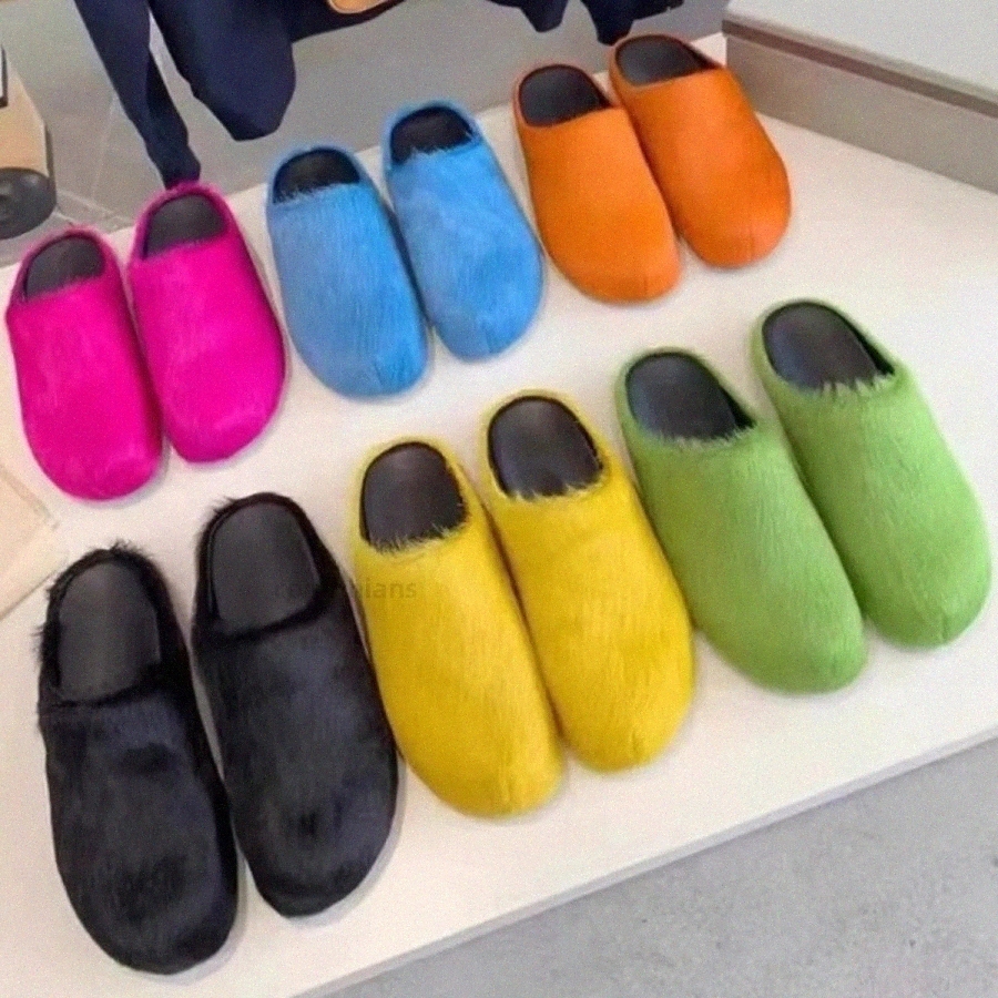 Designer Fussbett Sabot Calfskin Claquette Fur Furry Slides Slide Long Calf Hair Leather Slipper Men Women Black White Orange Blue Green Red Khaki S