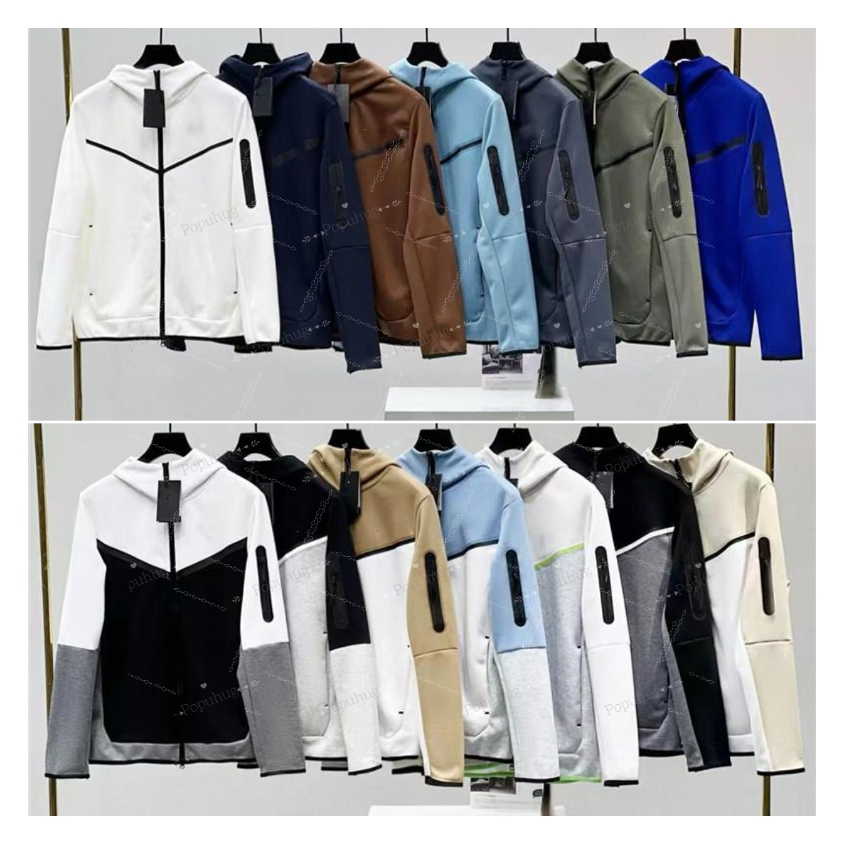 Tech Fleece Zip Up Hoodie Jacket V Striped Design Sports Hooded Coat with Arm Zipper Pocket Casual Athletic Outerwear
