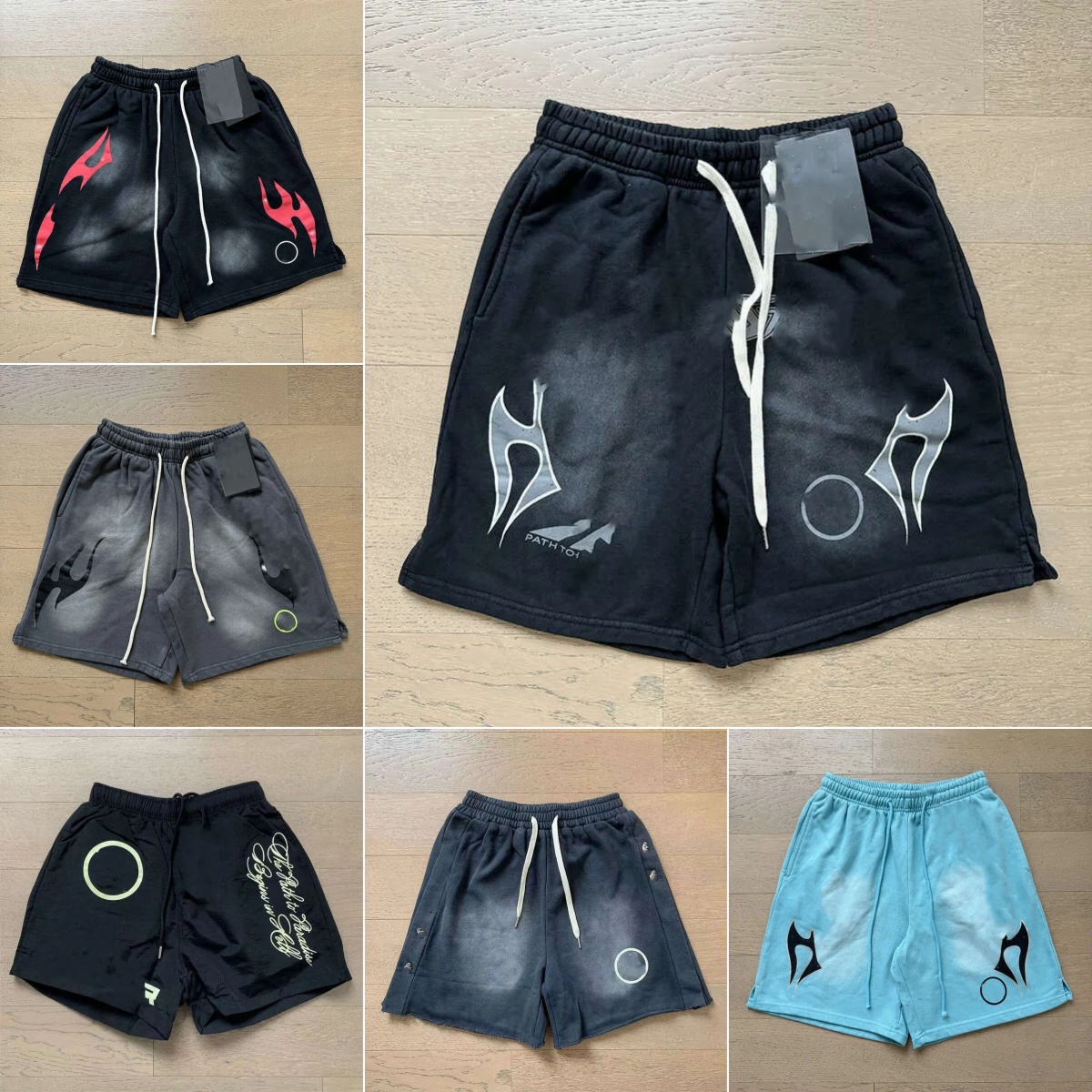 Mens designer t hoodies Blue Yoga Graphic Print Washed Shorts Hip Hop Streetwear Unisex Black 100% Cotton Beach shirt Basketball US S-XL