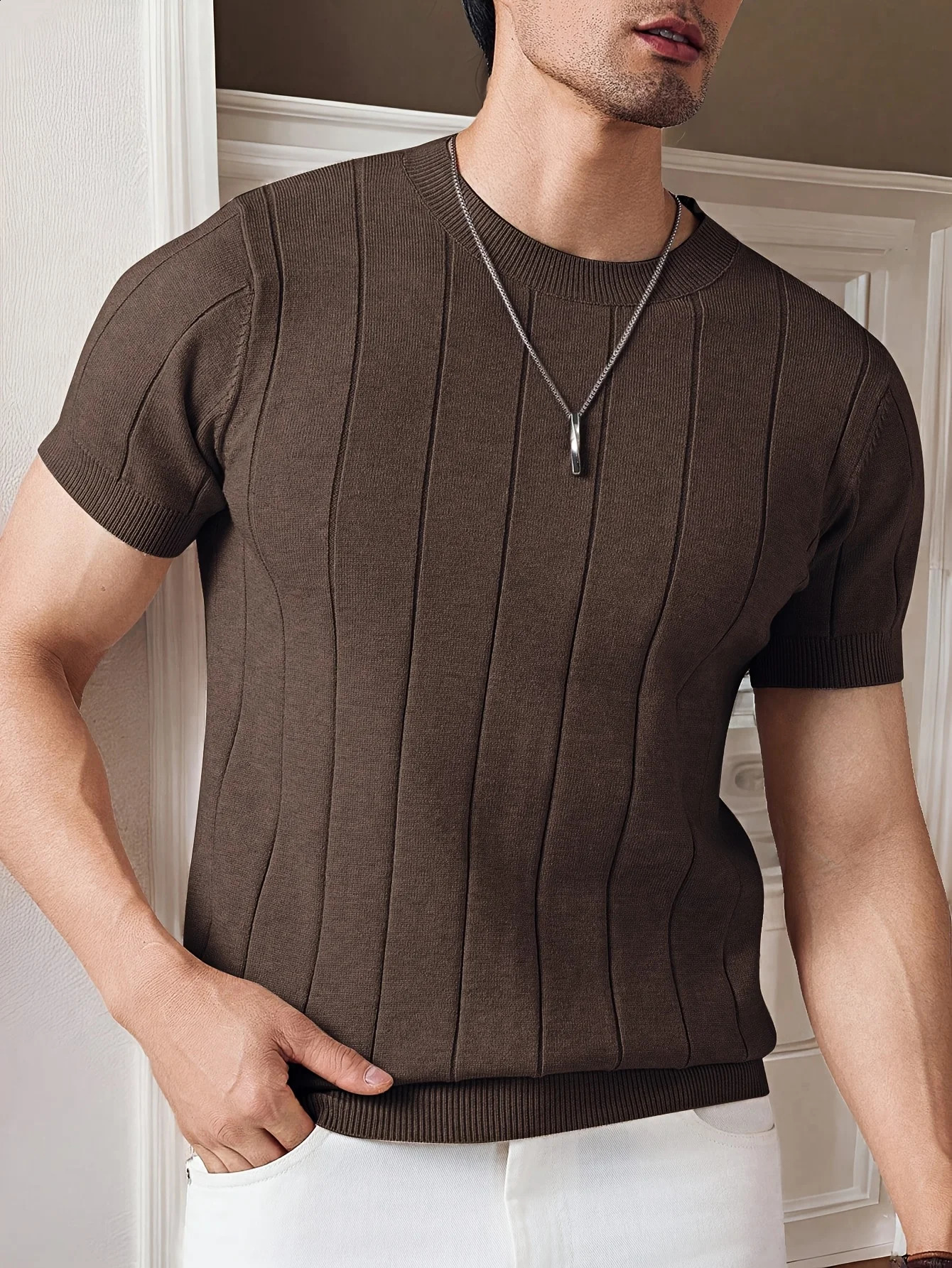 Summer Men Slim fit Knitted T Shirt O Neck Solid Color Short Sleeve Casual Business Tees Trendy All match Breathable Tops S 2XL 260723
