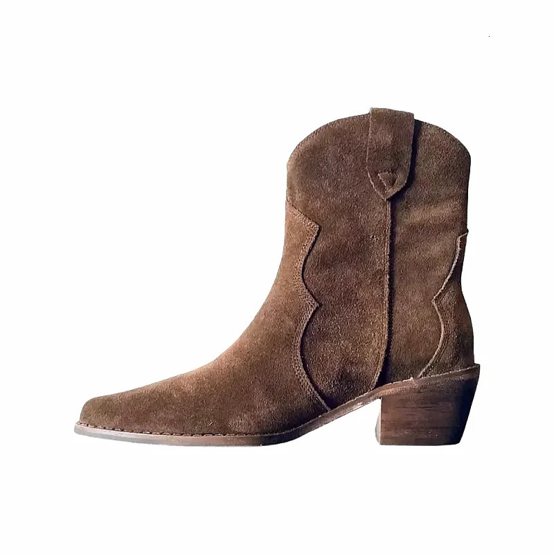 Womens Chelsea Boots for Spring Autumn Cow Suede Pointy Toe Chunky Heel Stitched Ankle Boots Winter Shoes Woman Western Botas 260724