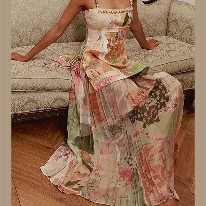 Fashion Printed Patchwork Long Womens Dress Beaded Sleeveless Backless A-line Sling Dresses 2026 Summer Lady Holiday Robes 260723BJ