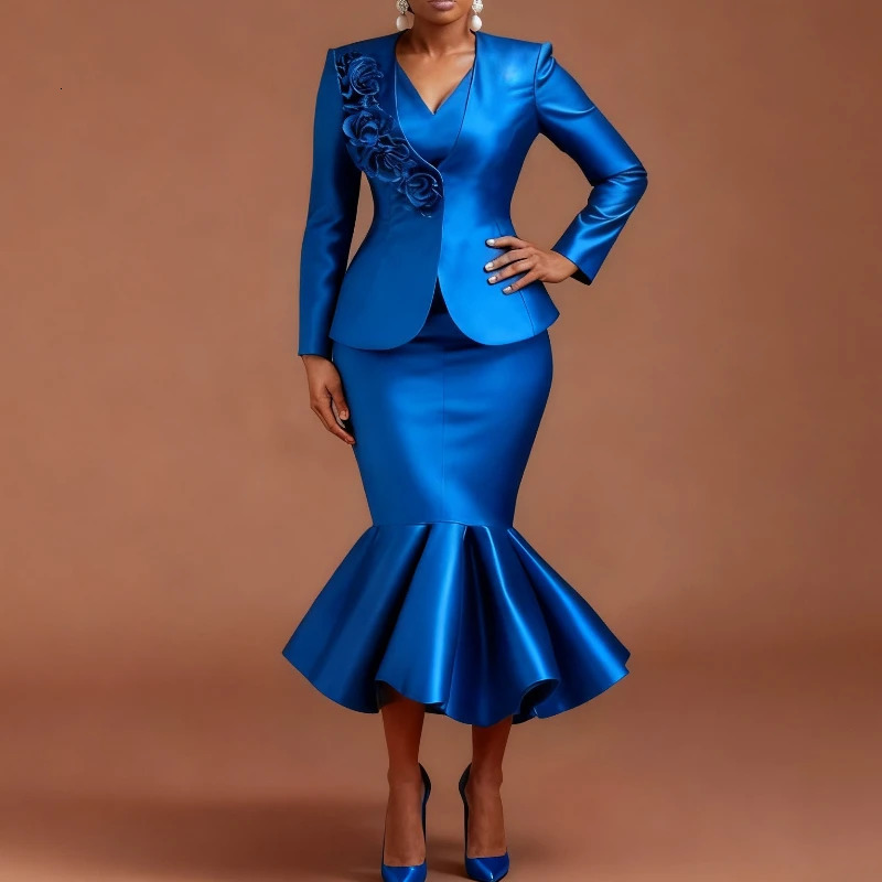 Women Shiny Two Pieces Set Office Ladies Blazer Coats 3D Flowers Inner Tank Dresses Mermaid Work Wear Autumn Fashion Business 260720banjia