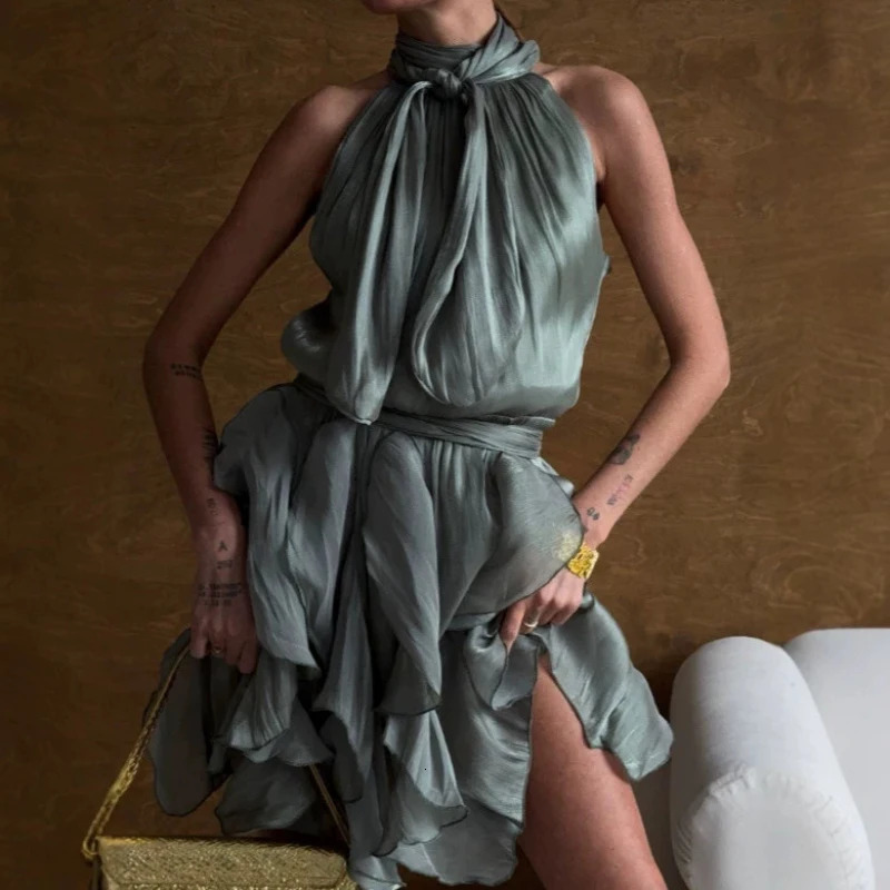 Sexy Cascading Ruffle Pleated Womens mini Dress Fashion Lace Up Sleeveless Empire Female Dresses 2026 Spring Summer Lady 260724BJ