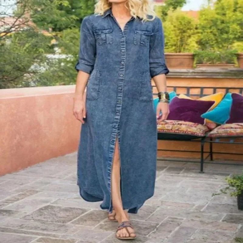 Womens S5XL size Summer womens loose solid color casual single breasted denim dress n comfortable and 260720banjia