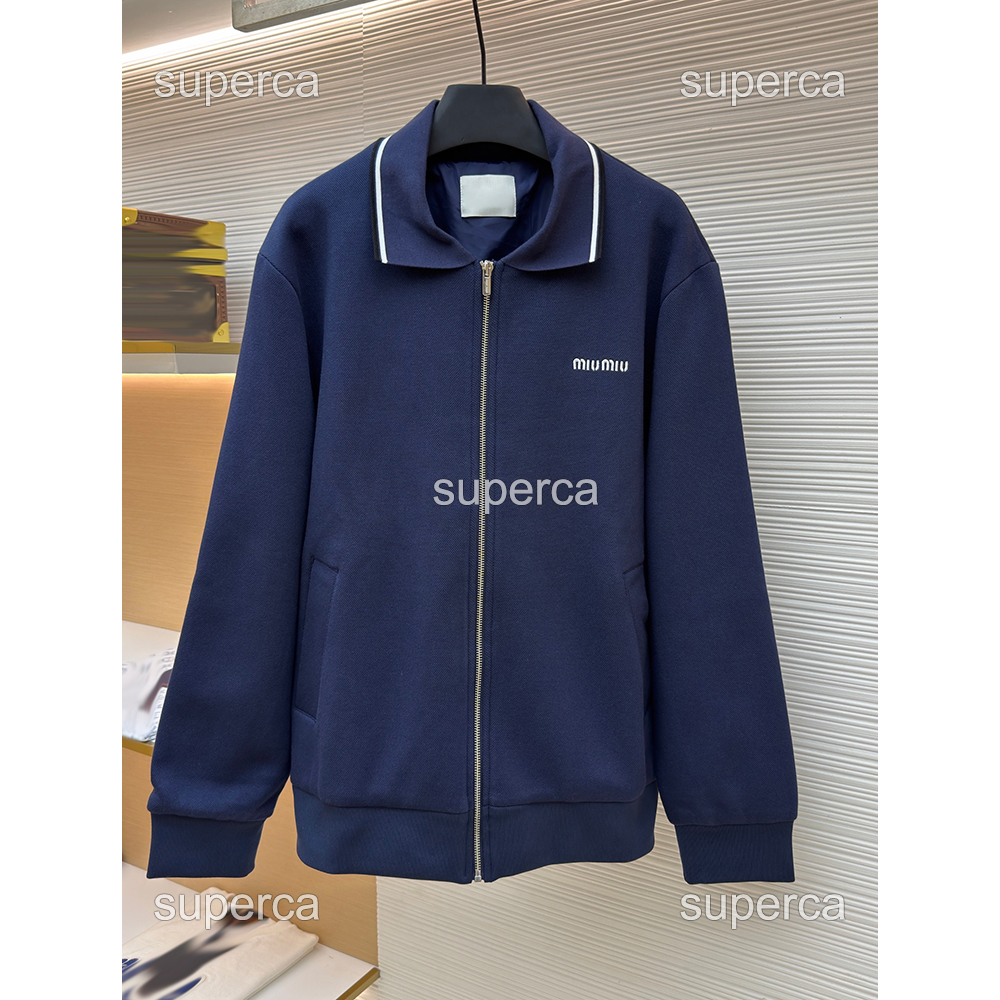 Men Luxury Designer Jacket Miu Navy Pique Cotton Zip Up Collared Jacket For Men, Double Layer Fleece Embroidered Letter Slim Fit Casual Outerwear Co