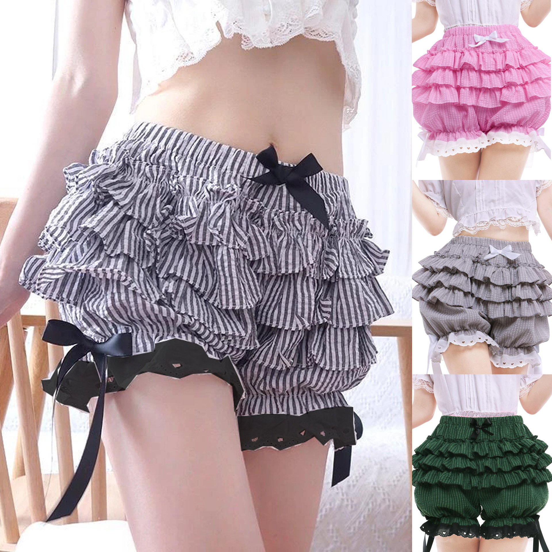 Women Black White Striped Ruffle Tiered Bloomers Shorts Bow Decor Elastic Waist Lace Hem Lolita Sweet Gothic Pumpkin Puff Short Pants Cosplay
