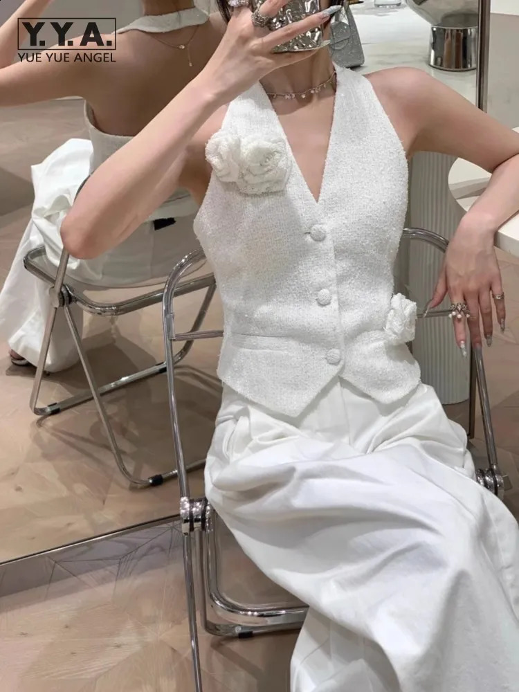 Women Sexy Halter Vest Summer V-Neck Single Breasted Slim Fit High Waist Sleeveless Jacket Office Ladies Fashion Tweed Waistcoat 260723