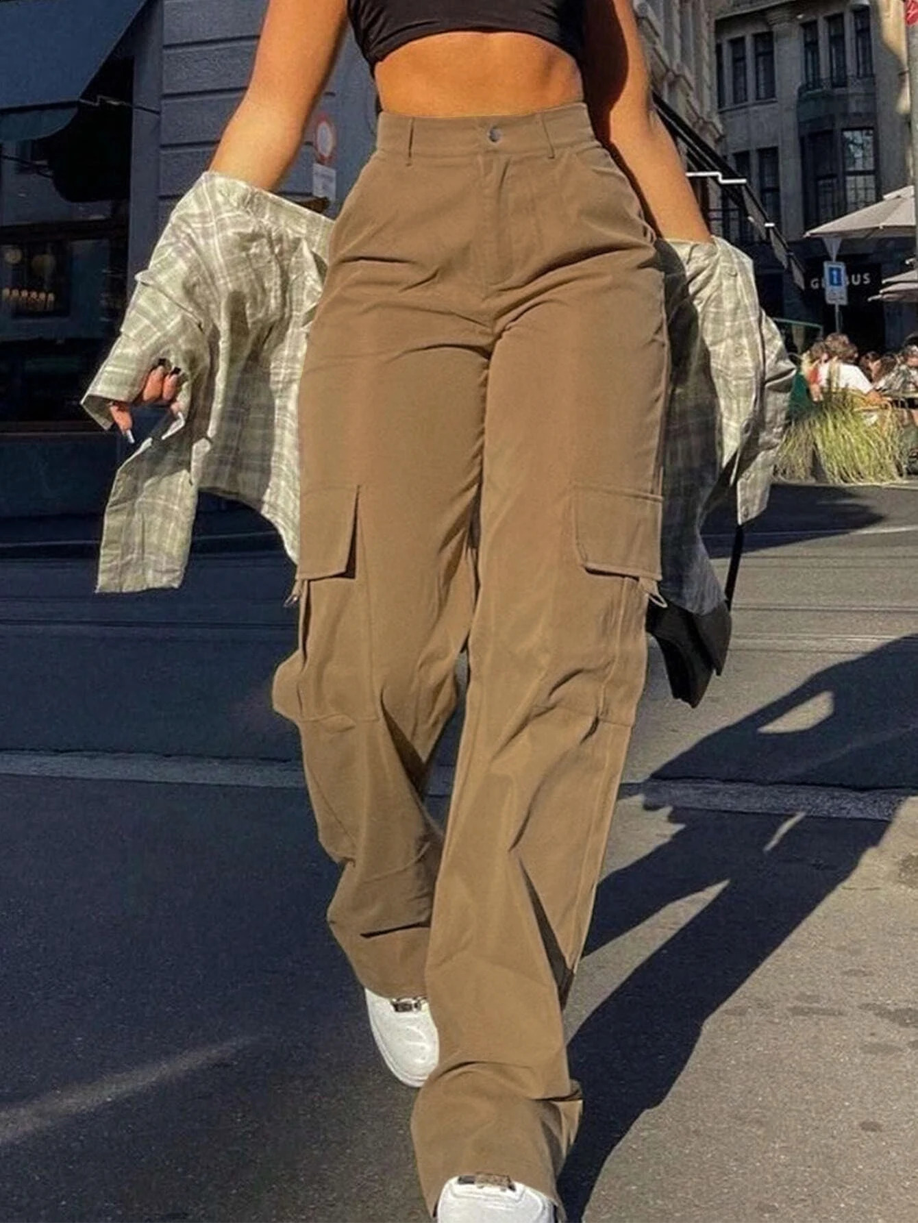 Womens Plain High Waist Cargo Pants Street Fashion Casual Pocket Button Trousers for Daily Wear Ladies Bottoms for All Season 260723