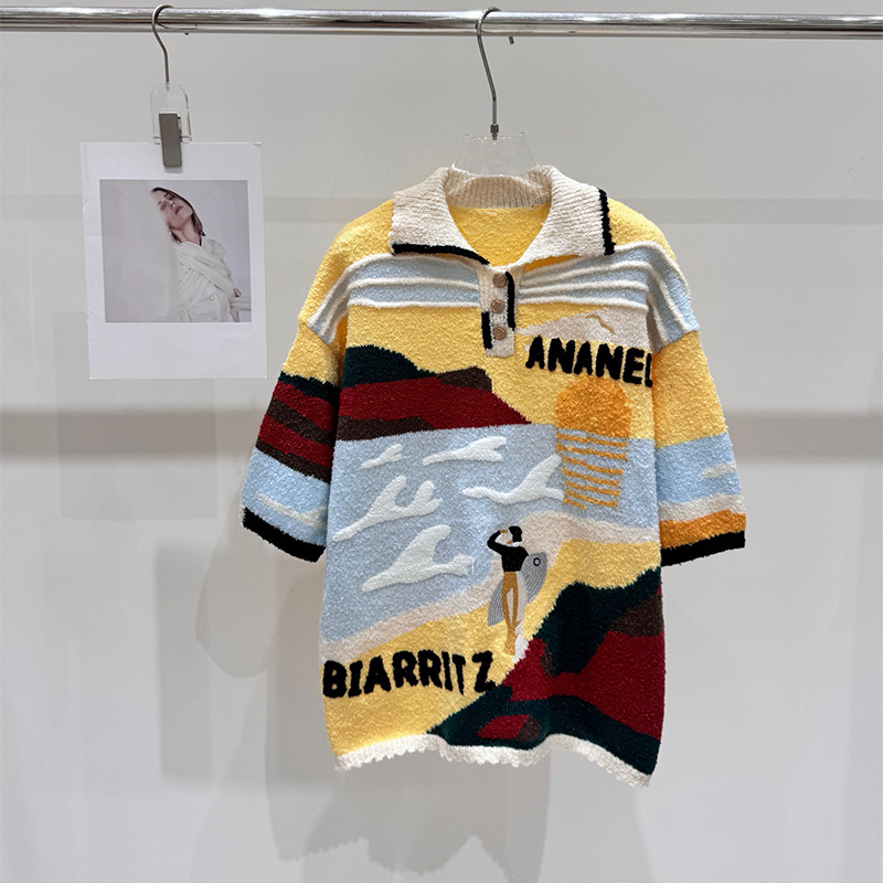 2026 Luxury Runway Designer Women's Lapel Single Breasted Knit Sweater Short Sleeve Patchwork Loose Sweater