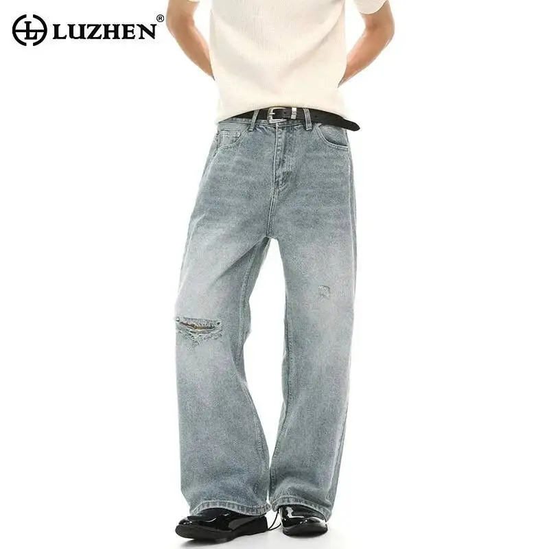 LUZHEN 2026 Summer Fashion Broken Hole Burr Gradient Washed Straight Jeans Mens Handsome High Quality Denim Pants JY7762 260721banjia