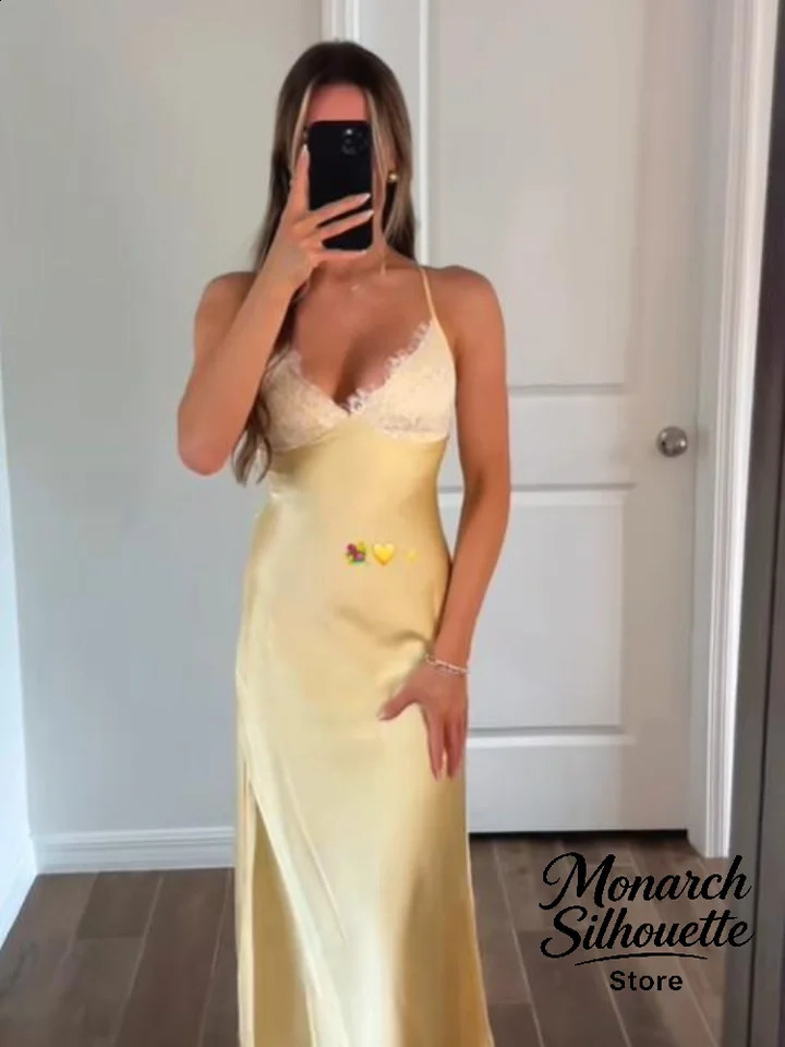 Solid Satin Lace Patchwork Dress Women Casual Spaghetti Strap Backless Slim Long Dresses 2026 Summer Lady Holiday Vestidos 260723