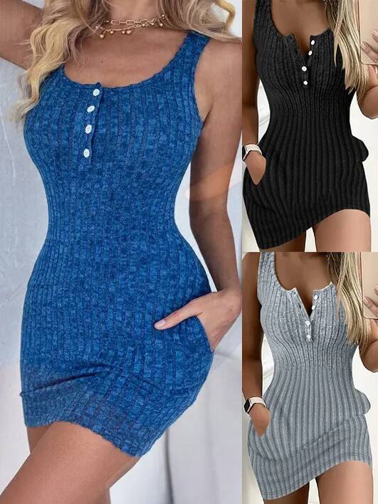 Button Front With Pocket Tank Elegant Sleeveless Bodycon Dress For Spring Summer Women's Clothing J260724