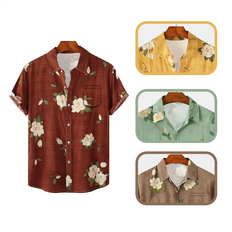 Men Hawaiian Style Short Sleeve Shirt Summer Casual Floral Print Green Button Down Loose Women Vintage Flower Beach Top 260717banjia