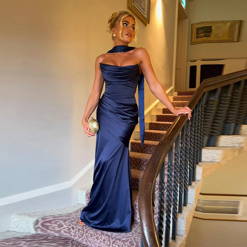 Women Sexy Pleated Strapless Satin Dress Chic Solid Off Shoulder Backless High Waist Bodycon Dresses 2026 Evening Party Gown 260723