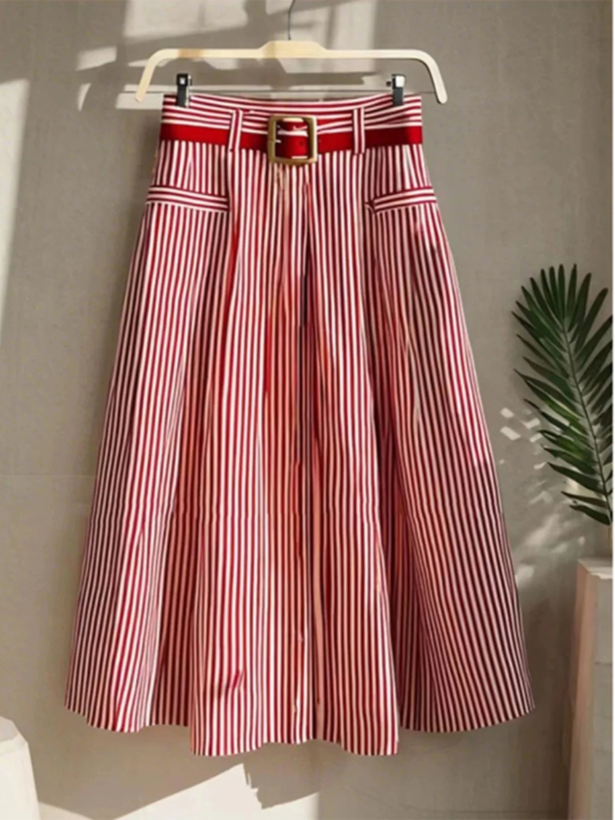 Red Vertical Striped Loose High Waist A Line Midi Skirt Womens Early Autumn Forest System Artistic Personali f length S 260724