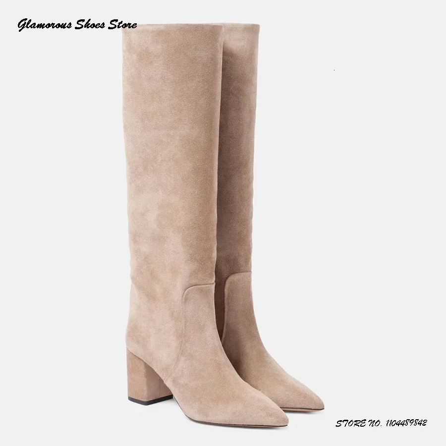 Concise Suede Leather Knee-high Boots Womens Pointed Toe Medium Chunky Heel Shoes Spring Autumn Solid Slip On Fashion Boots 260724