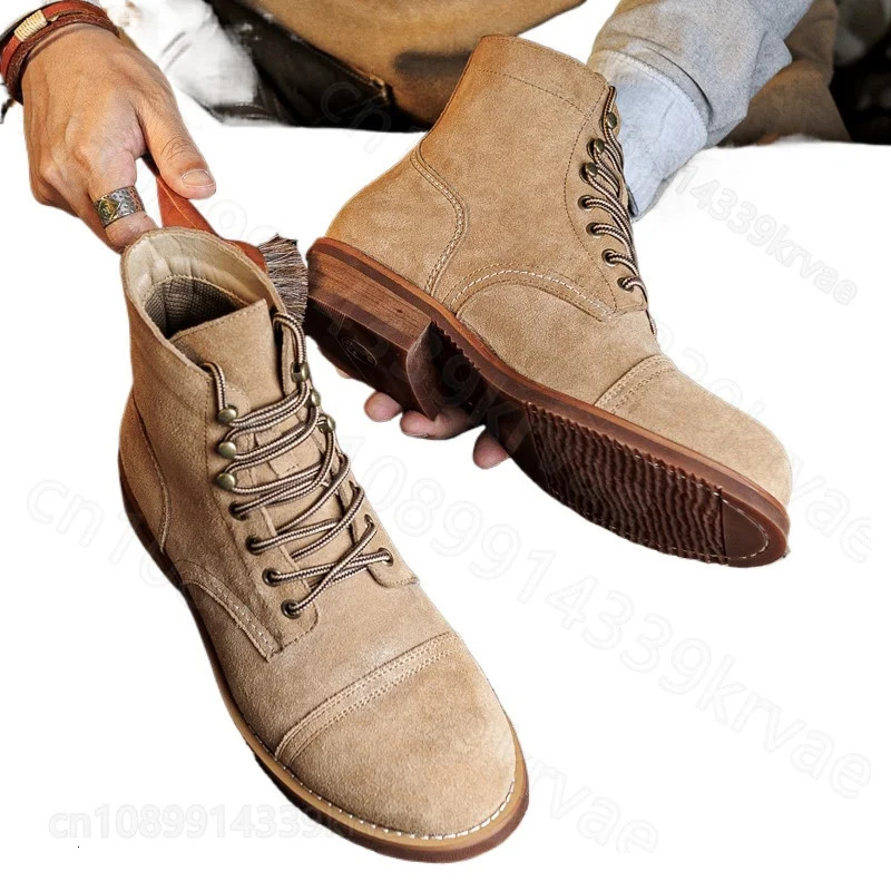 Reverse velvet vintage leather cargo boots mens booties paratrooper boots cowhide motorcycle shoes botas motocross 260724