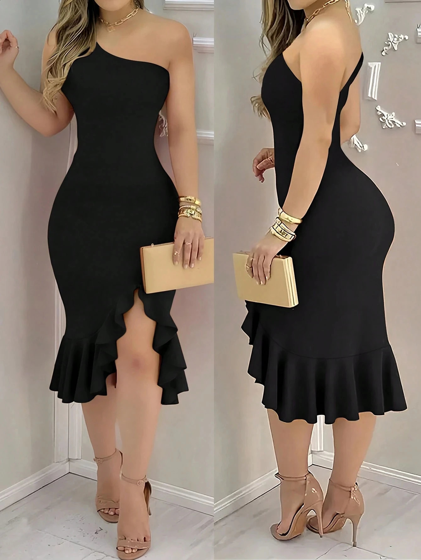 Womens SpringAutumn Solid Color Elegant and Sexy Vacation Off Cold Shoulder Backless Ruffle Asymmetrical Hem Low Slit 260723