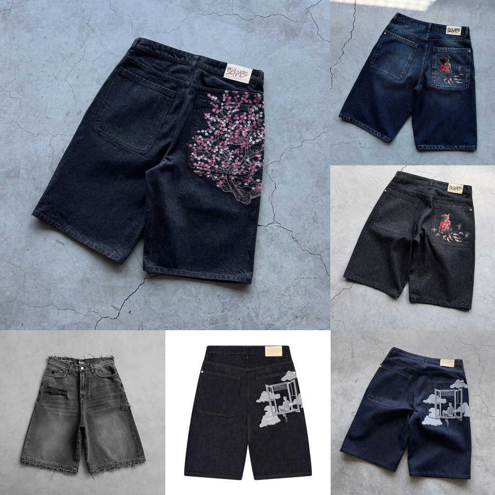 Fashion Cherry Blossom Pocket Embroidery Jeans Shorts Men Women Retro Baggy Black Denim Short Y2k Jorts Hip Hop Streetwear Pants 260126 MV1U
