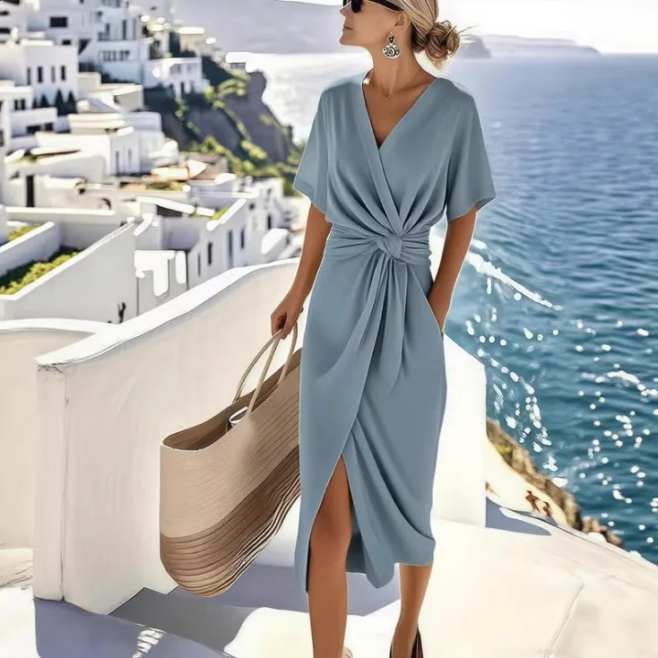 Women Dresses 2026 fashion solid color wrapped lace up V neck slit knot mid calf dresses womens clothing vestidoes 260723