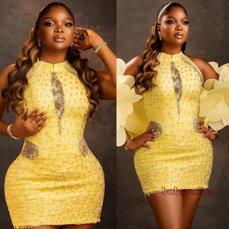 Plus Size Bright Yellow Cocktail For Women Short Prom Dresses Illusion Halter Homecoming Flora Crystal Pearls Pleated Beaded Lace Birthday Dress C54