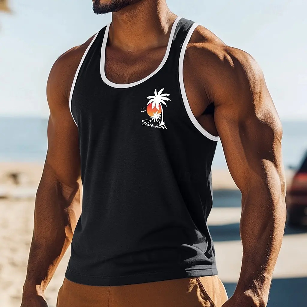 Mens Tank Top Vest Top Sleeveless Shirt Muscle Shirt Sleeveless Crew Neck Summer Coconut Tree Sports Fashion Casual Beach Tops 260723BJ