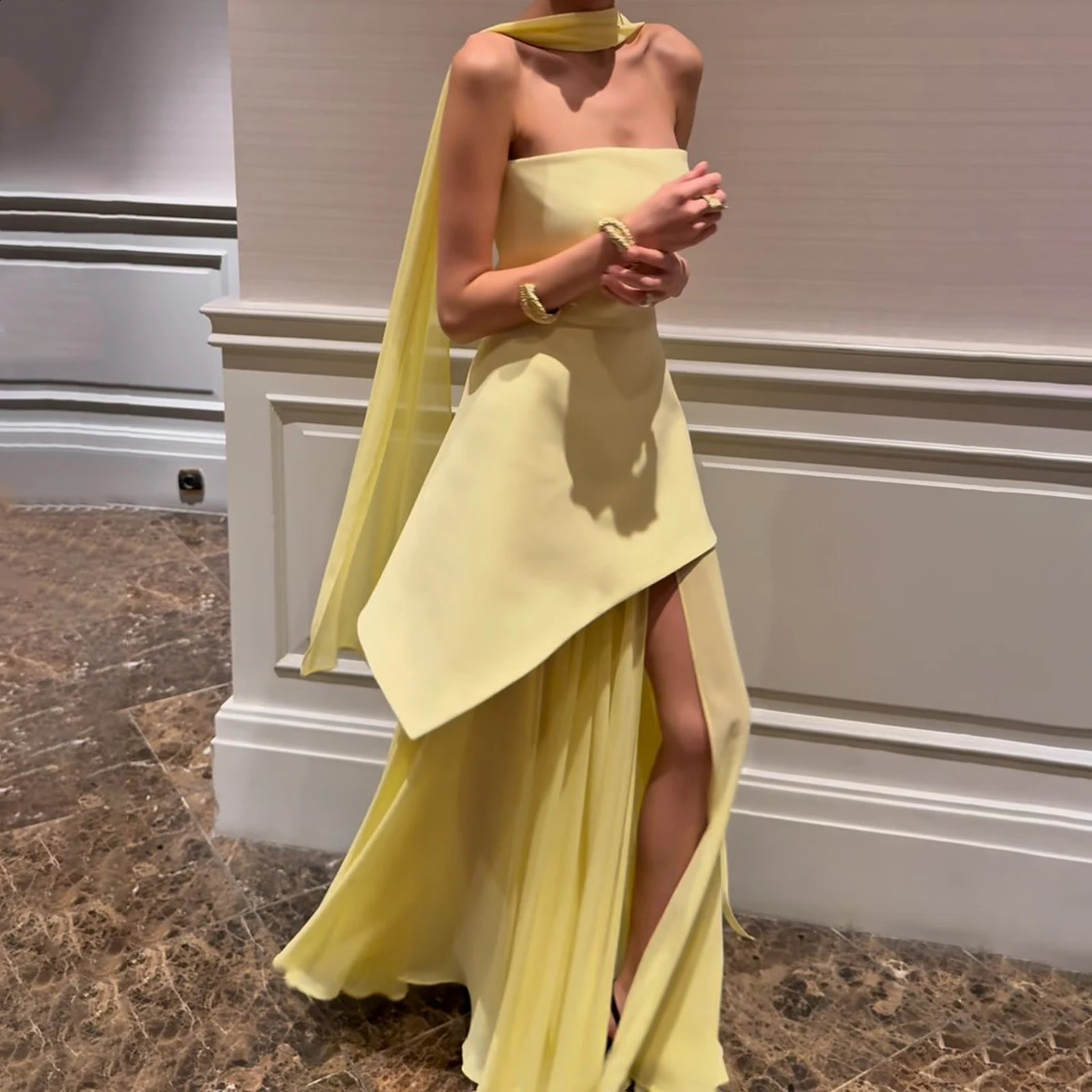 Combhasaki Women Summer Elegant Strapless Sheer Ruffle Hem Patchwork Backless High Split A-line Party Tube Long Dress with Scarf 260723BJ