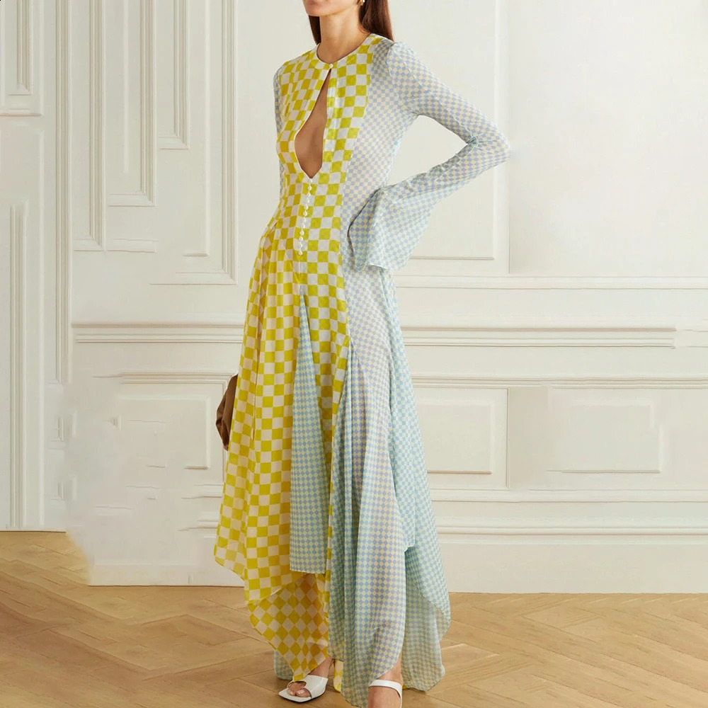 Elegant Patchwork Plaid Dinner Party Dresses Button Inserts Long Sleeves Asymmetric Vibrant Evening Gown for Performance 260723