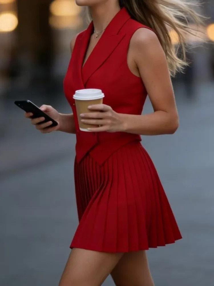 Womens Fashion Casual Skirt Set Spring And Summer Lapel Irregular Sleeveless Top Pleated Twopiece Sets 260720banjia