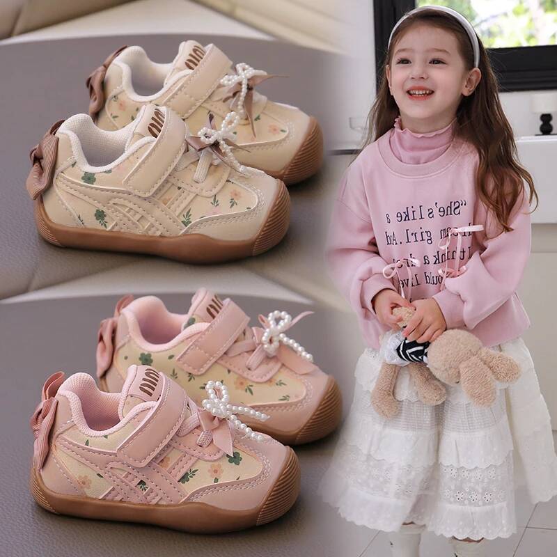 Children's Walking 0-6 Years Old Beige Breathable Bow Girls Single Shoes Four Seasons Pink Soft Non-slip Kids Sneakers 26Y0724