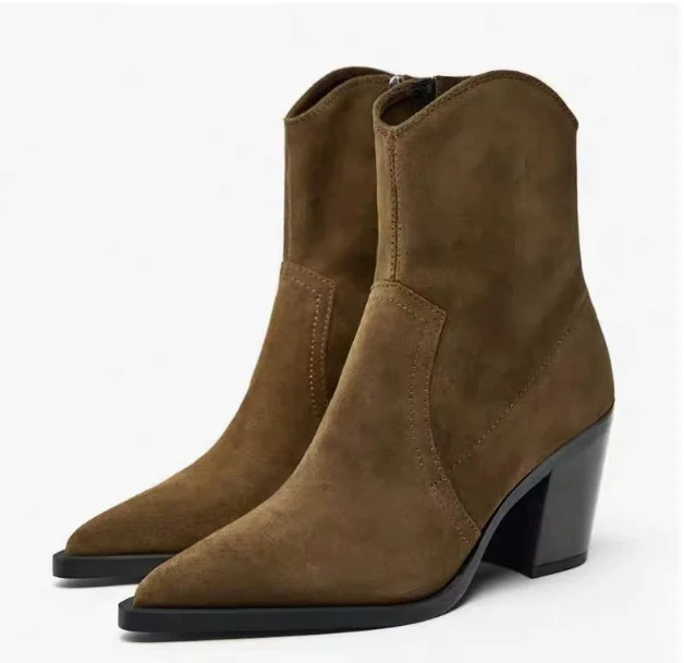 Winter Shoe Women Boots Low-tube Pointed Toe Suede Western Cowboy Boots Women Fashion Punk Chelsea Boots Zipper Women High Heels 260724