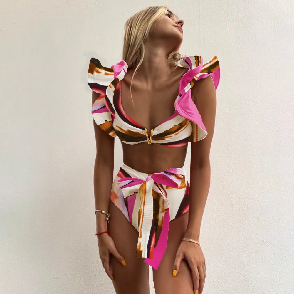 3Pcs Shoulder Ruffle Bikini Set Women Sexy Swimsuit High Waist Bikinis Push Up Bathing Suit Floral Beachwear Biquini Female 260724BJ